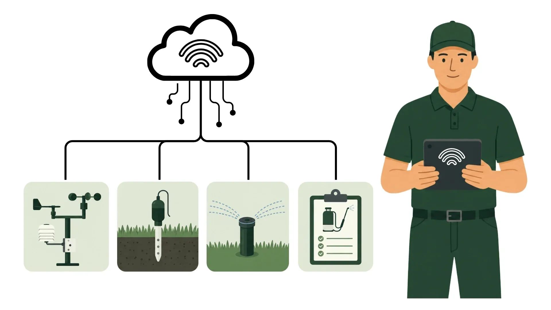 Système connecté avec 4 types de données de gazon affluant vers le cloud.