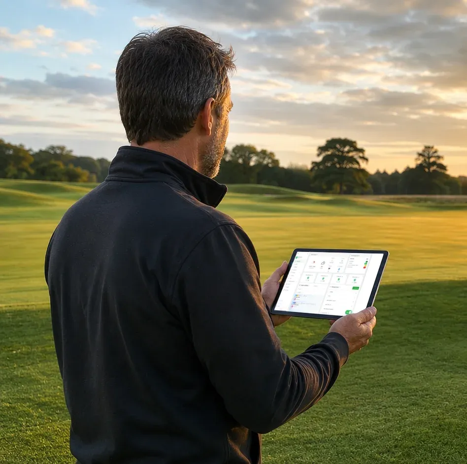 Homme regardant une tablette sur un parcours de golf tôt le matin.